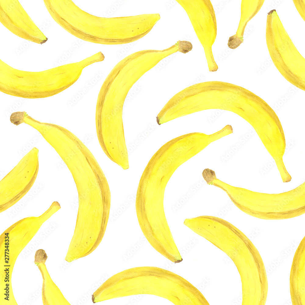 Watercolor banana seamless pattern. Hand drawn fresh healthy dieting food illustration on white background for package design, textile, wrapping, menu, scrapbooking.