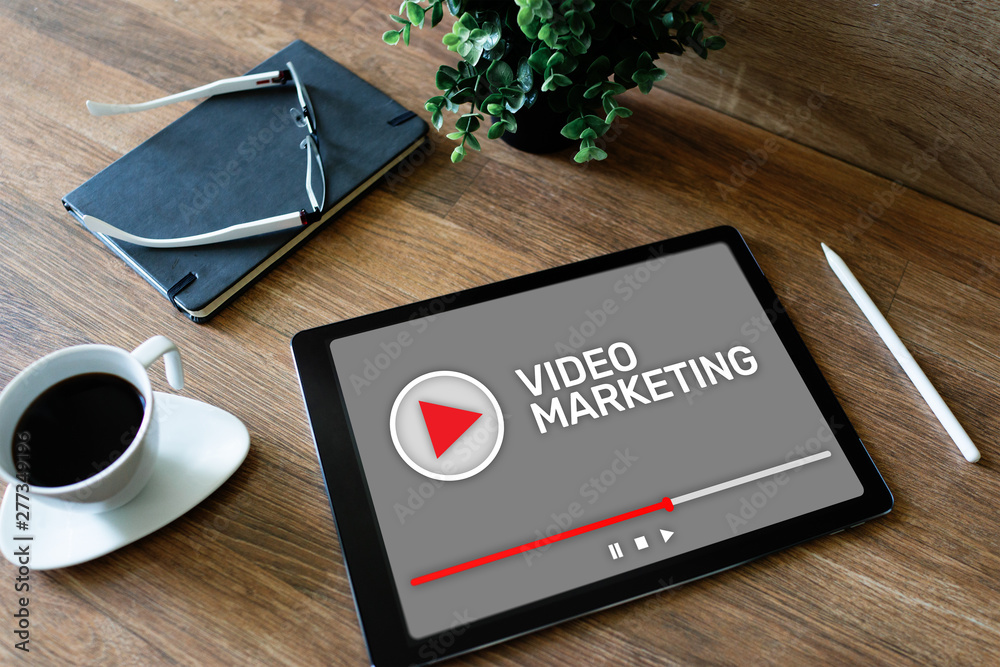Video marketing and advertising concept on screen. Video marketing and advertising concept on screen.