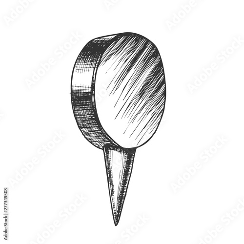 Stationery Thumbtack With Circle Flat Top Vector. Thumbtack Office Element Attach And Fixation Paper Sticker On Noticeboard. Monochrome Hand Drawn In Vintage Style Cartoon Illustration