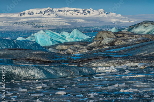 Jokulsarlon glacier lagoon, South Iceland - February 27, 2019 : Old and new drifting ice in the glacier lagoon