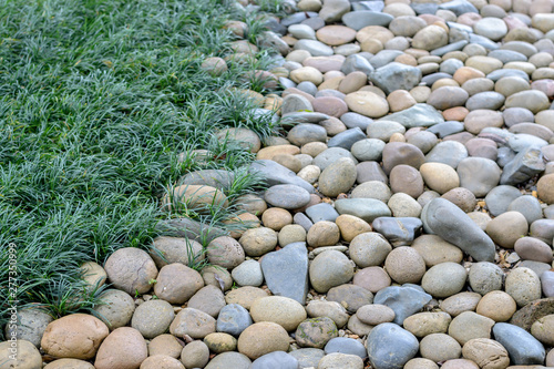 Pebble Stone and  mini mondo grass or snakes bread in garden photo