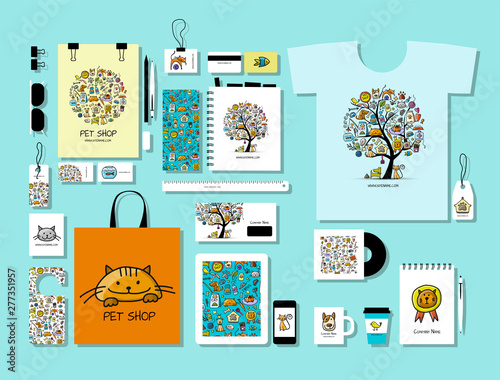 Corporate flat mock-up template, pet shop identity