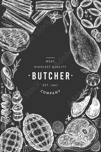 Vintage vector meat products design template. Hand drawn ham, sausages, jamon, spices and herbs. Raw food ingredients. Retro illustration on chalk board. Can be use for label, restaurant menu.