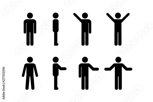 Man standing set, stick figure human. Vector illustration, pictogram of different human poses on white photo