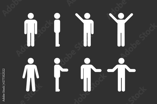 Man standing set  stick figure human. Vector illustration  pictogram of different human poses on white