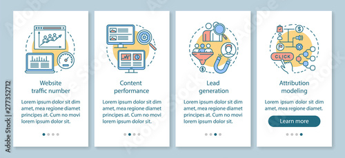 Digital marketing benefits onboarding mobile app page screen with linear concepts. Lead generation, web traffic walkthrough steps graphic instructions. UX, UI, GUI vector template with illustrations