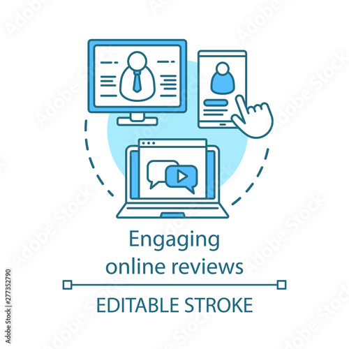 Engaging online reviews concept icon. Online PR idea thin line illustration. Recommendation. Online buying. Clients positive review, feedback. Vector isolated outline drawing. Editable stroke