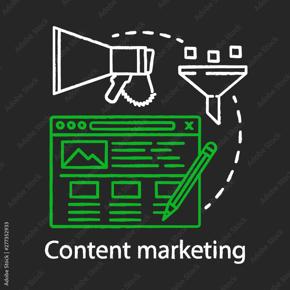Content marketing chalk concept icon. Digital marketing tool idea. Copywriting, smm. Creating, publishing, and distribution content. Vector isolated chalkboard illustration Content marketing chalk concept icon. Digital marketing tool idea. Copywriting, smm. Creating, publishing, and distribution content. Vector isolated chalkboard illustration