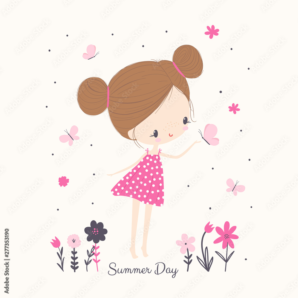 Little girl with butterflies and flowers. Cartoon vector illustration