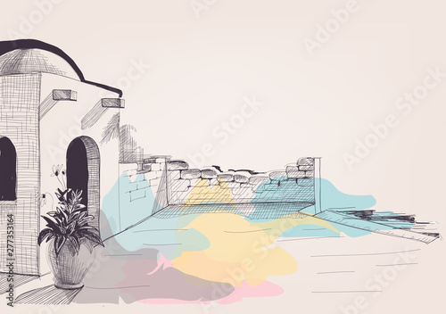 Mediterranean house terrace on the beach sketch