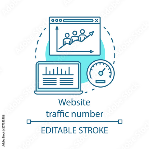 Website traffic number blue concept icon. Digital marketing benefit idea thin line illustration. Webpage visitor. Internet site popularity measurement. Vector isolated outline drawing. Editable stroke