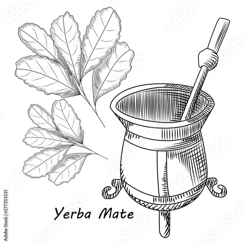 Concept of calabash and bombilla for yerba mate drink isolated