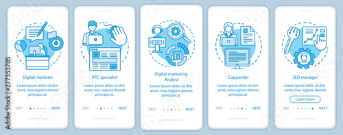 Digital marketing specialties blue onboarding mobile app page screen with linear concepts.Copywriter, SEO manager walkthrough steps graphic instructions. UX, UI, GUI vector template with illustrations
