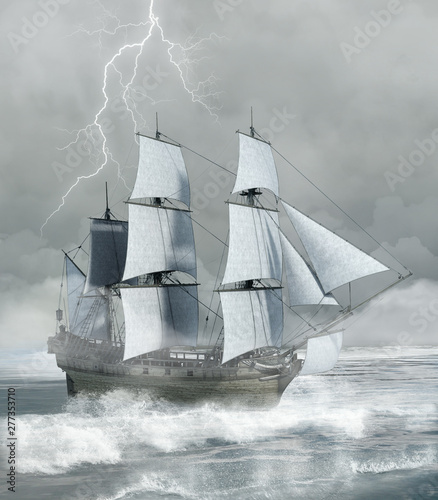 Fototapety Piraci  morska-sceneria-ze-statkiem-zwroconym-w-strone-falujacego-morza-podczas-wscieklej-burzy