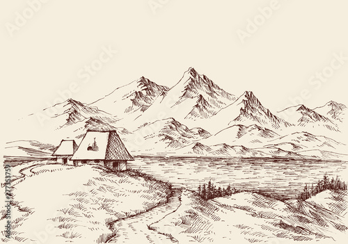 Lake in the mountains landscape sketch, small house in the background