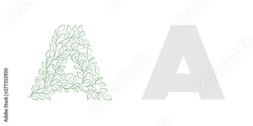 Hand-drawn capital letter A decorated with botanical pattern for lettering compositions. Vector illustration