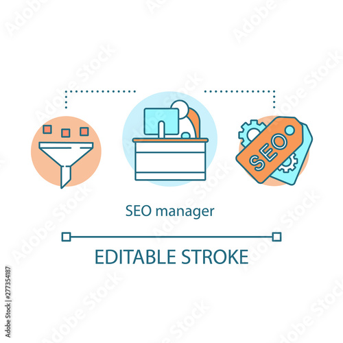 SEO manager concept icon. Digital marketing specialty idea thin line illustration. search engine optimization specialist. Vector isolated outline drawing. Editable stroke