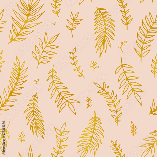 Folk flowers vintage raster seamless pattern. Ethnic floral motif beige hand drawn background. Contour golden inflorescence  blossom. Blooming  plant leaves. Ditsy textile  wallpaper design.