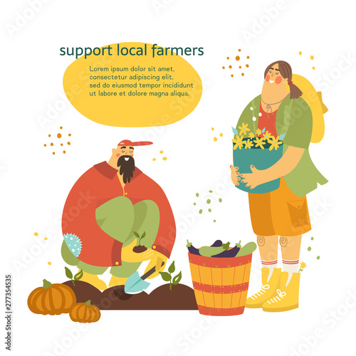 Support local farmers vector concept is about natural and organic food. planting seedlings with place for your text on the background. Gardener representing countryside life  country outfit.
