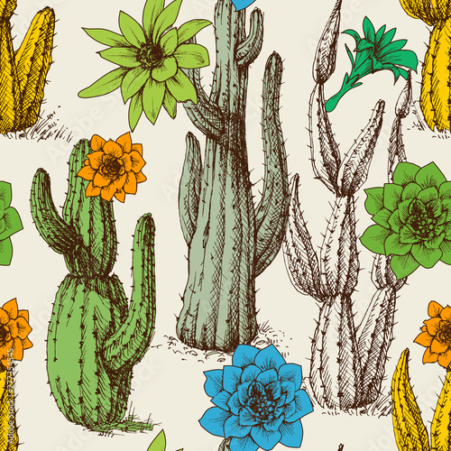 Cactus in bloom seamless pattern hand drawn