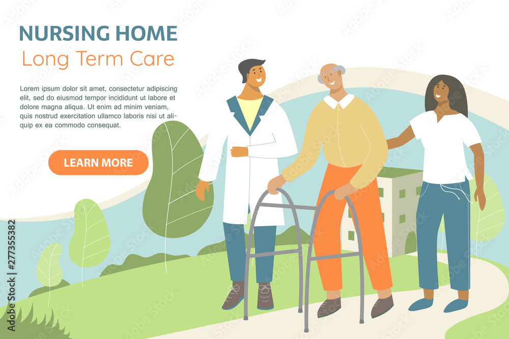Old man with Zimmer frame walks with doctor and nurse. Nursing home, rehabilitative centres, long-term care facilities, private clinics concept. Health worker helps retiree with his physical recovery.