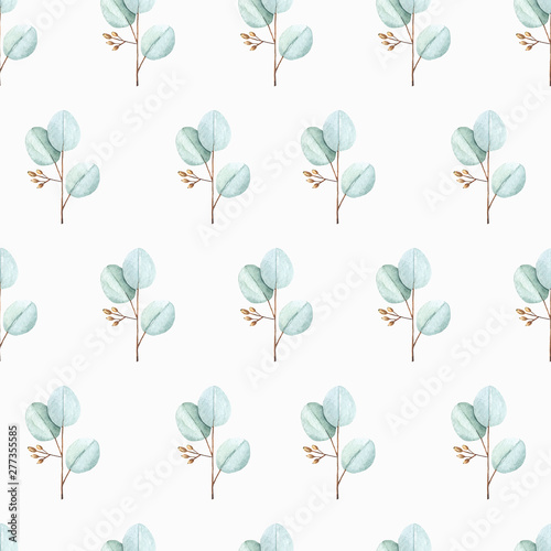 Watercolor green floral seamless pattern with eucalyptus. Hand painted on white background