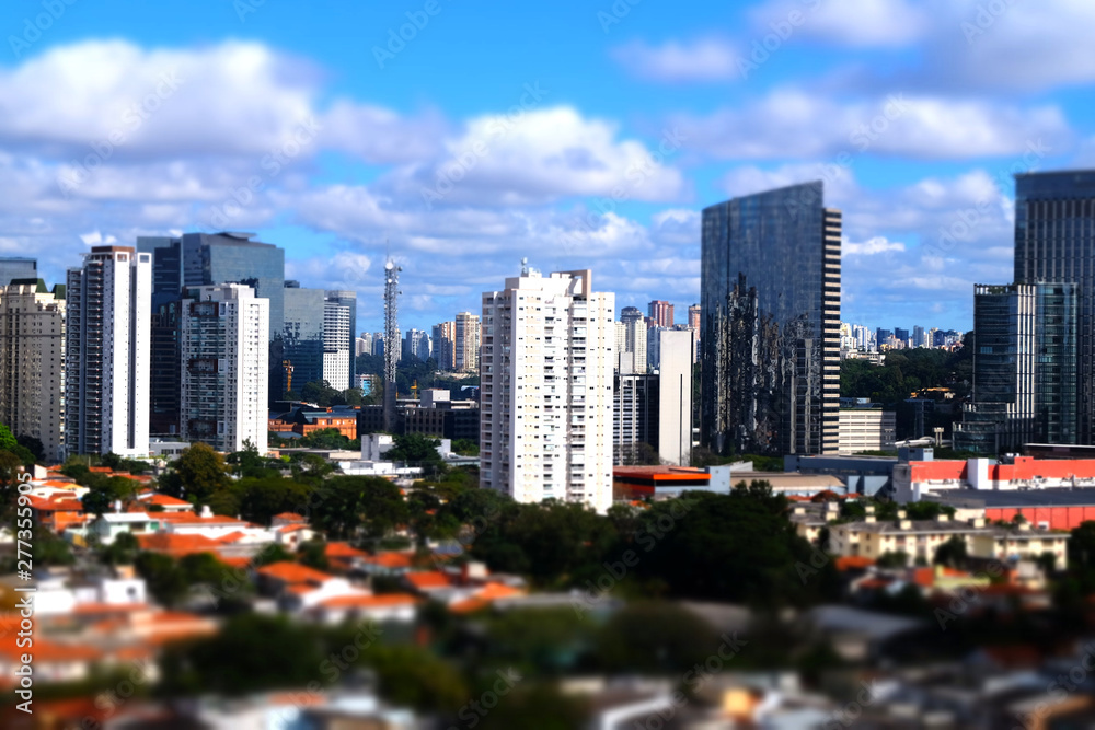 Miniature rooftop view of downtown skyscraper buildings by tilt-shift in Sao Paulo Brazil
