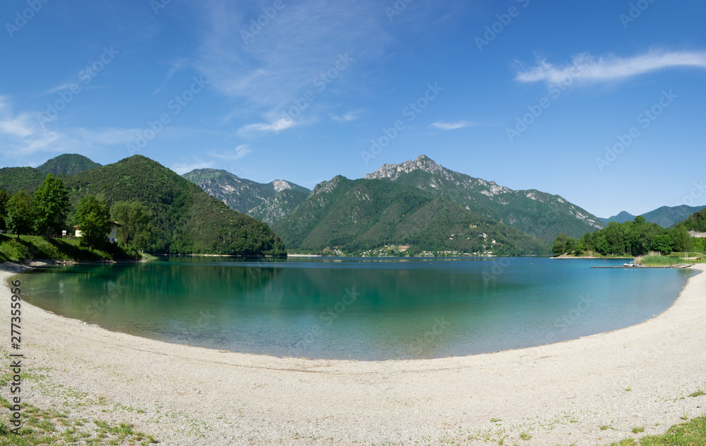 Panoramic view of the public beach Molina di Ledro. Lago Di Ledro, Italy