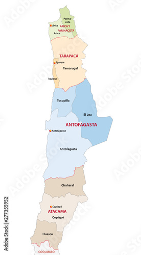 Administrative and political map of the northern Chilean regions