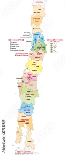 Administrative and political map of the central Chilean regions