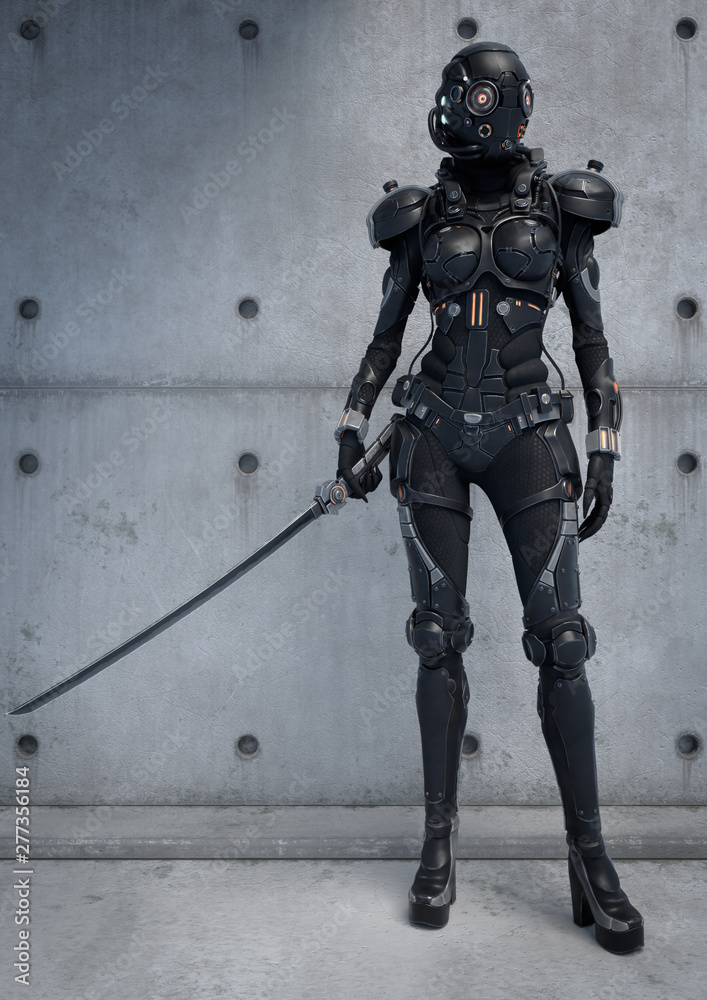 Science fiction cyborg female standing against an old concrete wall and  holding futuristic japanese samurai sword