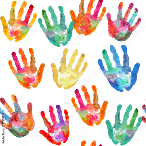 watercolor Diversity Vintage hand prints seamless pattern background. white background for kids.
