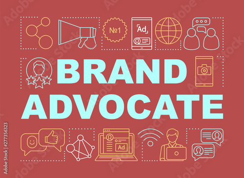 Brand advocate word concepts banner. Influencer, viral marketing tools. Customer attraction strategy. Presentation, website. Isolated lettering typography, linear icons. Vector outline illustration