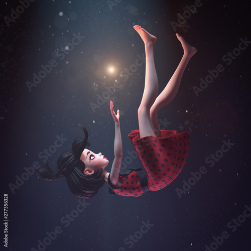 Fototapeta Naklejka Na Ścianę i Meble -  3d illustration of a girl in a retro dress falling down in deep space with stars. Young cartoon woman hovering in air. Girl in the dark extends hand to the shining star. Space art. Deep dream concept.