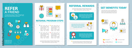 Marketing referral program brochure template layout. Flyer, booklet, leaflet print design with linear illustrations. Vector page layouts for magazines, annual reports, advertising posters