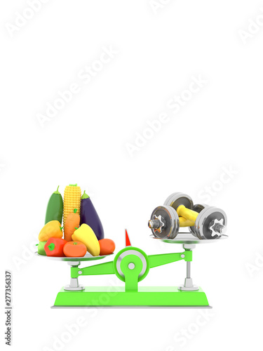 Fresh vegetables and dumbbells on different scales. Conceptual illustration with empty place for text. 3d rendering © photolas