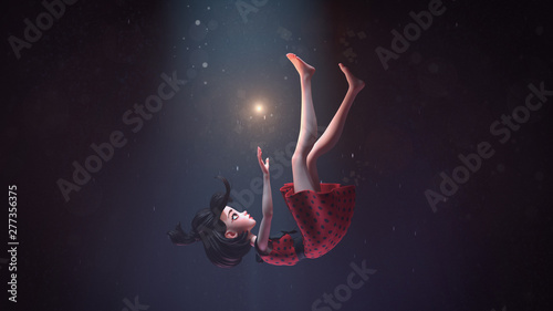 3d illustration of a girl in a retro dress falling down in deep space with stars. Young cartoon woman hovering in air. Girl in the dark extends hand to the shining star. Space art. Deep dream concept. photo