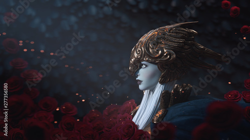 Εκτύπωση καμβά 3d illustration of a pale-faced girl in fantasy bronze helmet on dark background