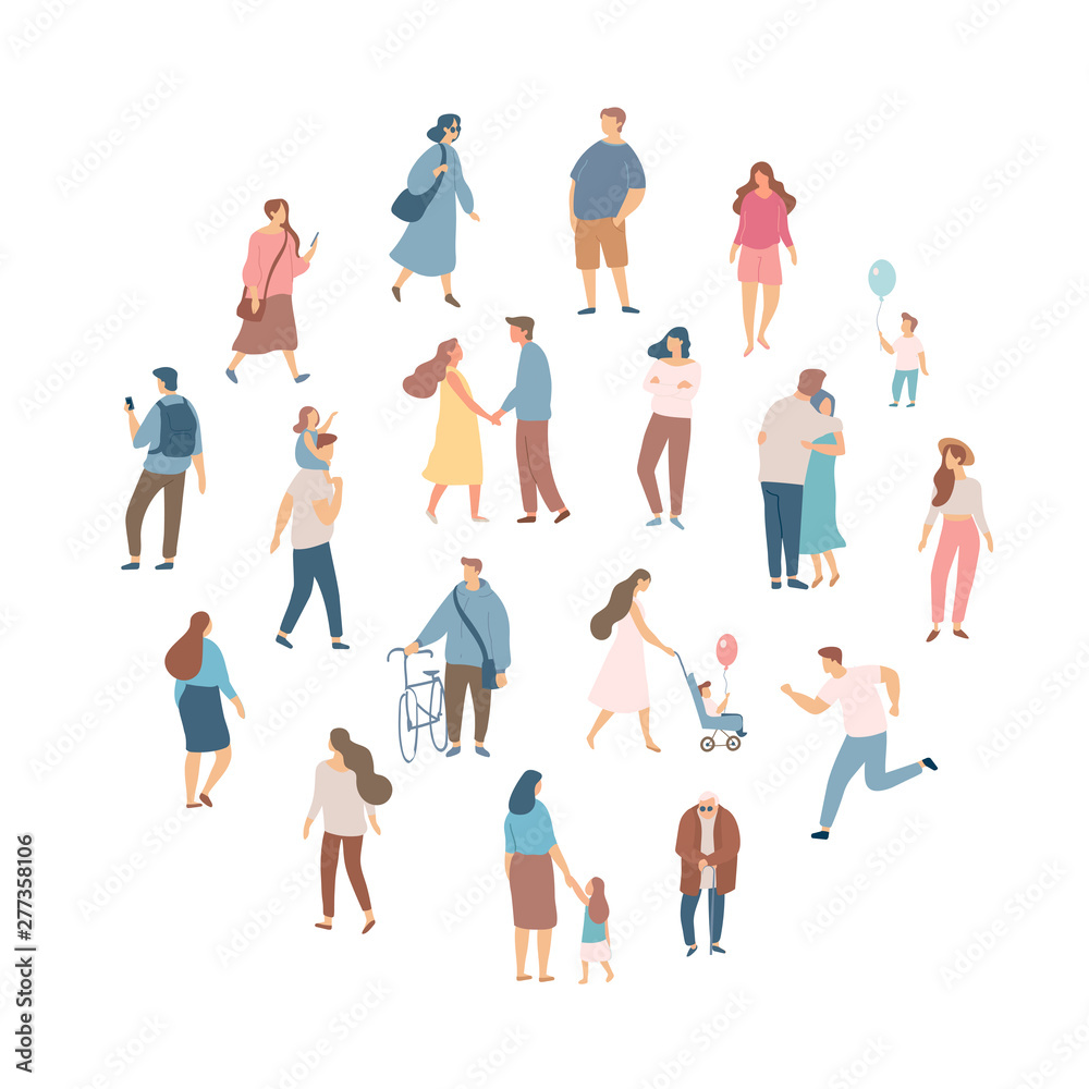 Crowd of people. Men and women flat vector set. Different walking and running people. Outdoor. Male and female. Flat vector characters isolated on white background. Crowd of people. Men and women flat vector set. Different walking and running people. Outdoor. Male and female. Flat vector characters isolated on white background.