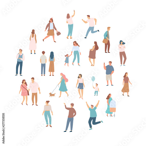 Crowd of people. Men and women flat vector set. Different walking and running people. Outdoor. Male and female. Flat vector characters isolated on white background. 