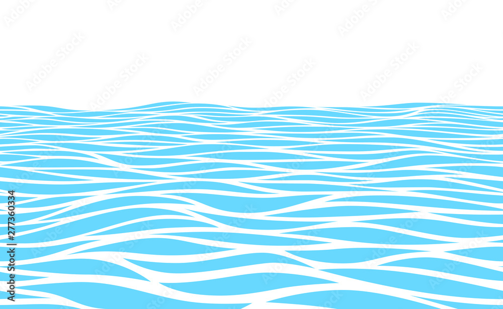Blue water waves perspective landscape. Vector horizontal seamless pattern
