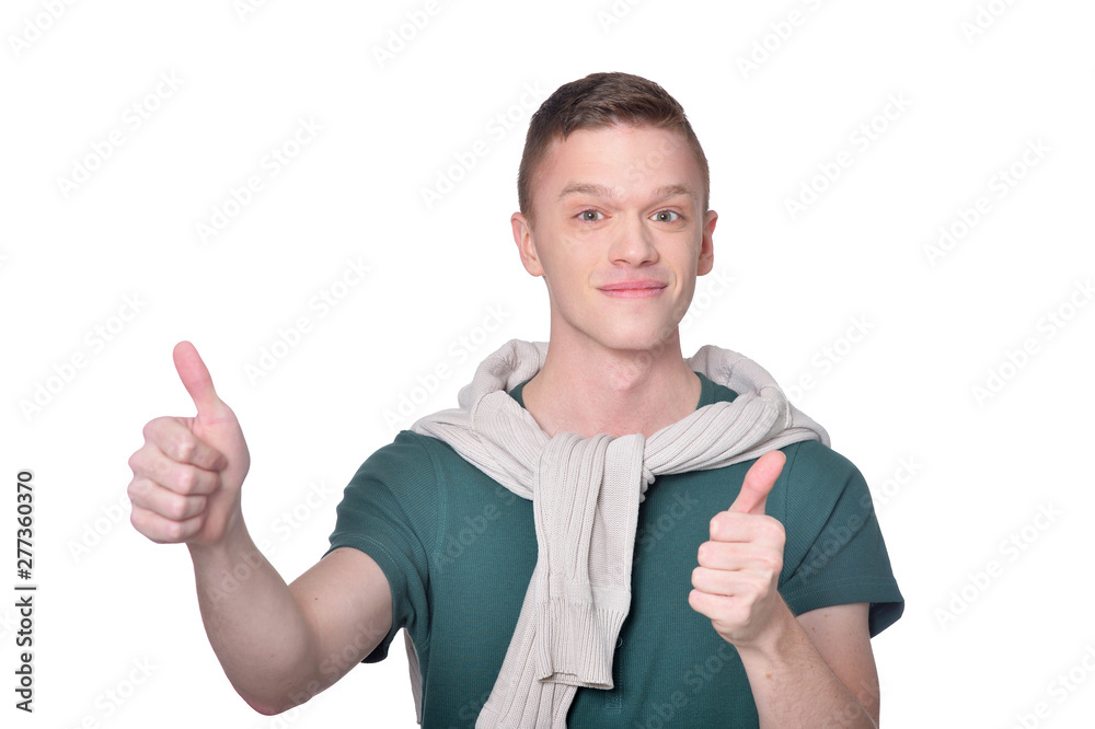 Portrait of handsome man with thumbs up isolated on white background Portrait of handsome man with thumbs up isolated on white background