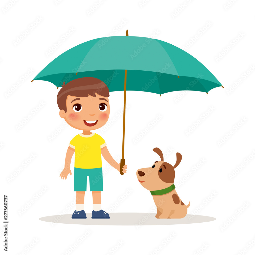 Puppy and cute little boy with yellow umbrella. Happy school or preschool  kid and her pet playing together. Funny cartoon character. Vector  illustration. Isolated on white background. Stock Vector | Adobe Stock