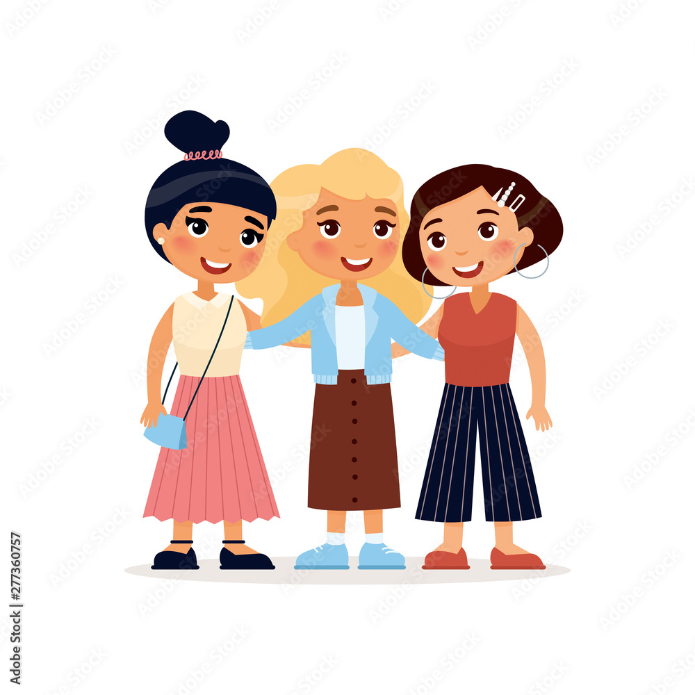 Three Young Cute Girls Hugging Funny Cartoon Character Vector Three Young Cute Girls Hugging Funny Cartoon Character Vector