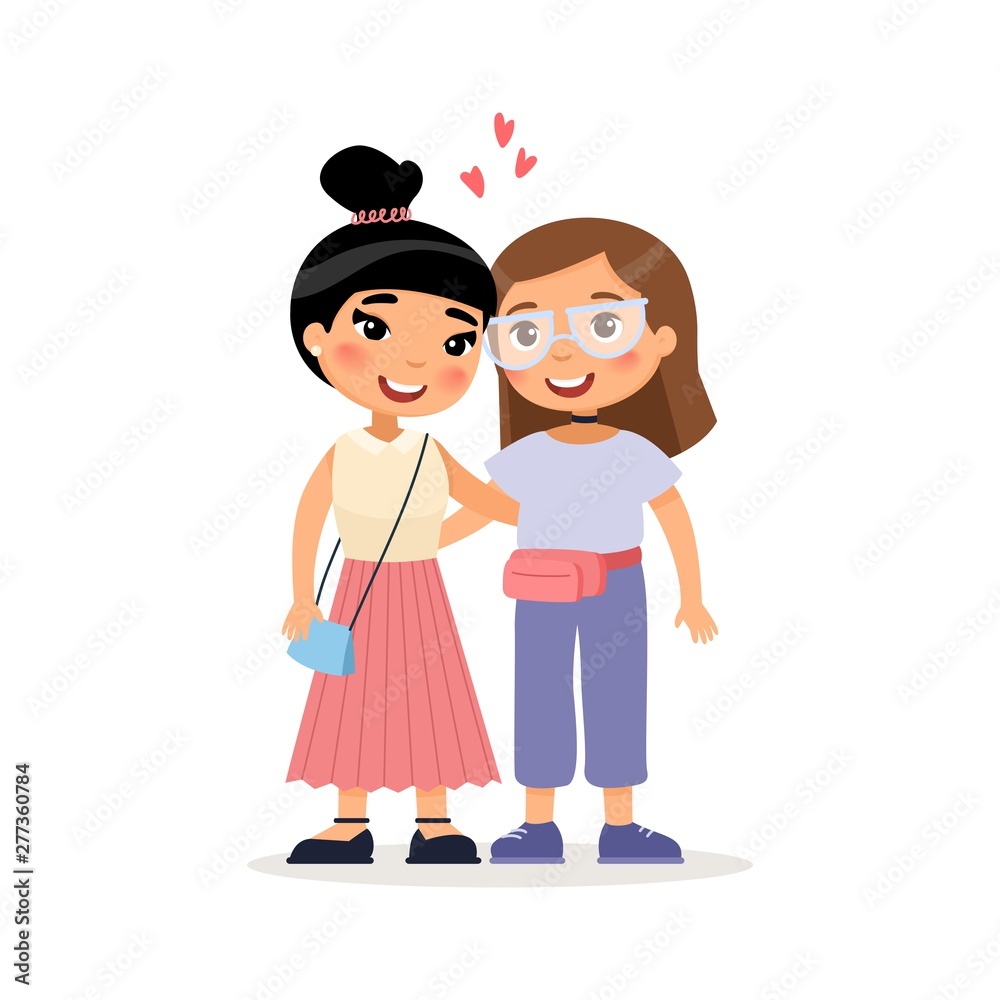 Two young women friends or lesbian couple hugging. Funny cartoon character. Vector illustration. Isolated on white background Stock Vector | Adobe Stock Two young women friends or lesbian couple hugging. Funny cartoon character. Vector illustration. Isolated on white background Stock Vector | Adobe Stock