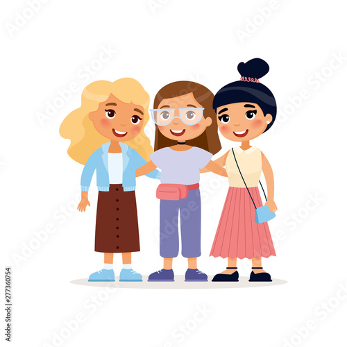 Three young cute girls hugging. Funny cartoon character. Vector illustration. Isolated on white background