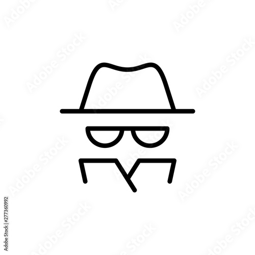 Vector outline anonymous icon. An incognito person in hat and glasses in coat isolated on white background. Concept of anonymity, agent detective, theft, fraud protection, hacker activity.