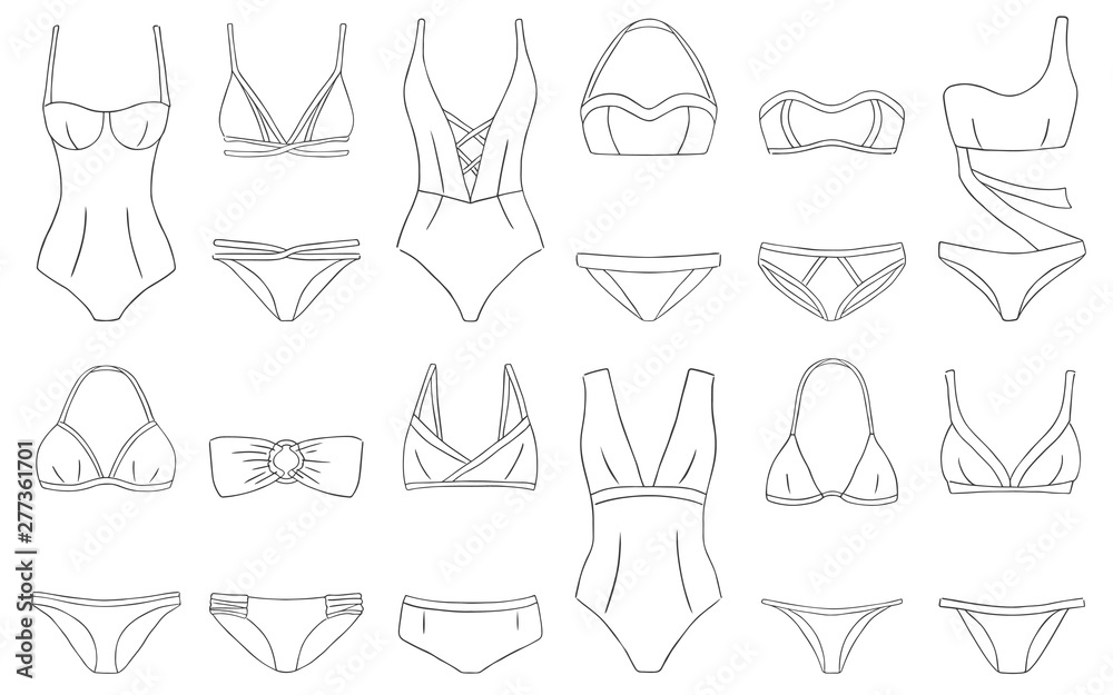 Doodle bikini swimming suits set women cloth black white - obrazy, fototapety, plakaty 