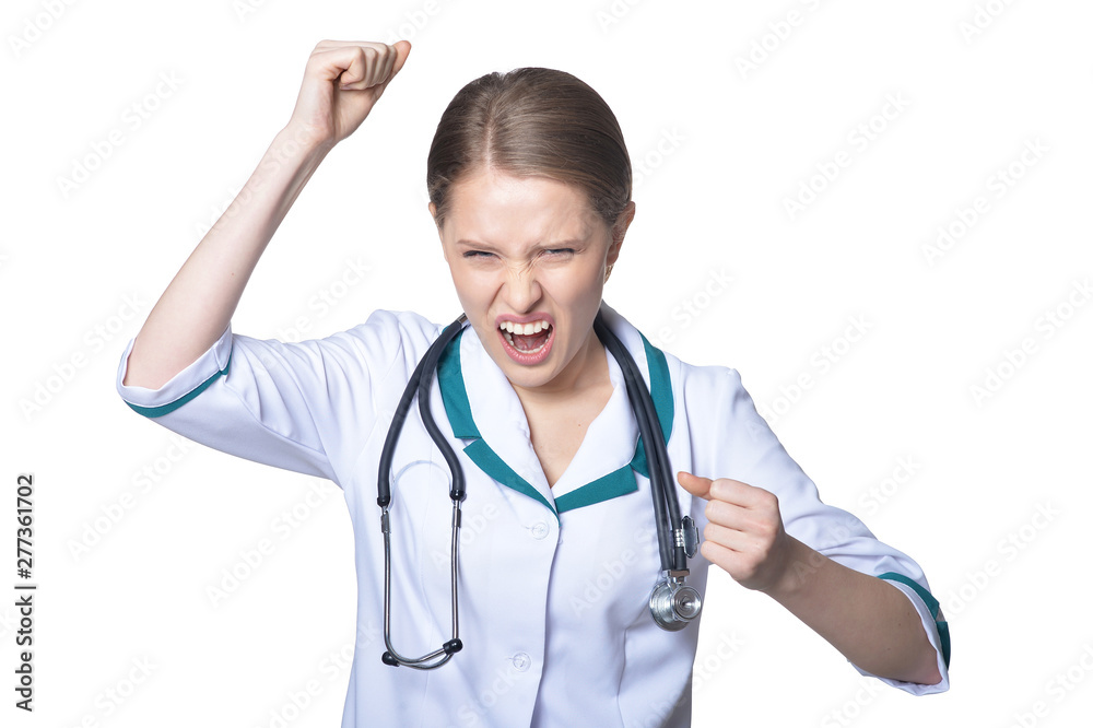Portrait of angry female doctor isolated on white background Portrait of angry female doctor isolated on white background