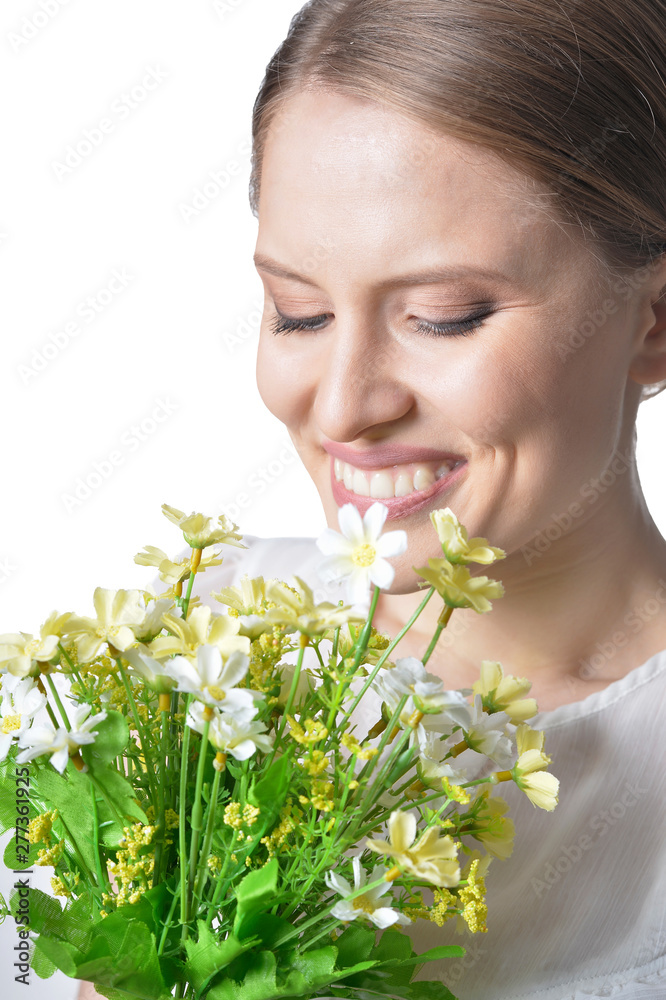 portrait of beautiful young woman with flowers on white background portrait of beautiful young woman with flowers on white background